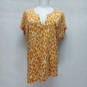 Democracy Leopard Print V-Neck Top Women's L Yellow Modal Boho Animal Print